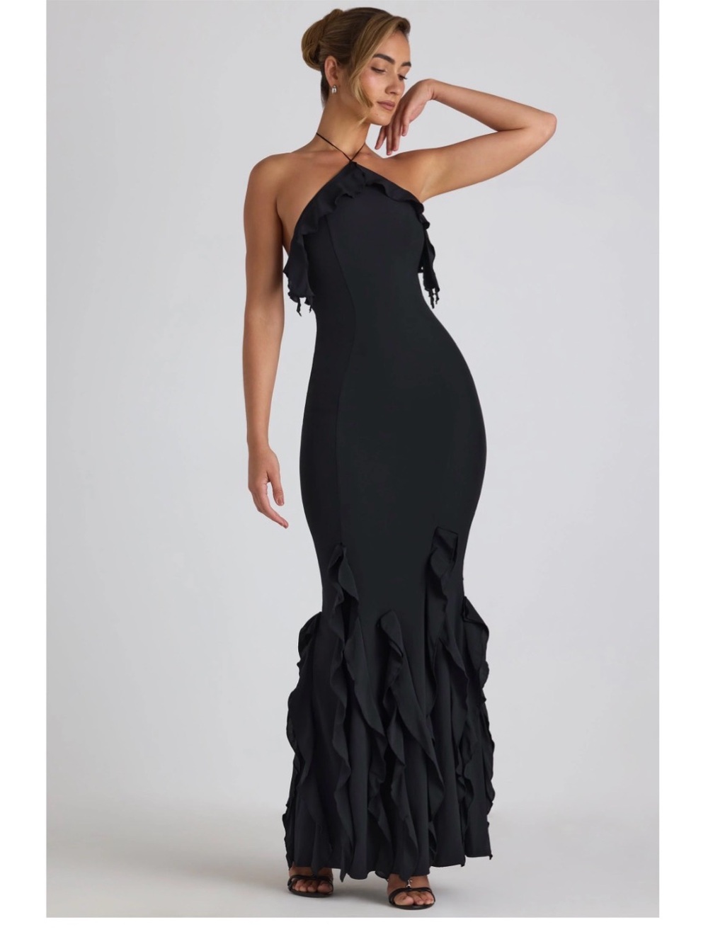 Oh Polly Mireya Ruffle-Trim Halter Maxi Gown